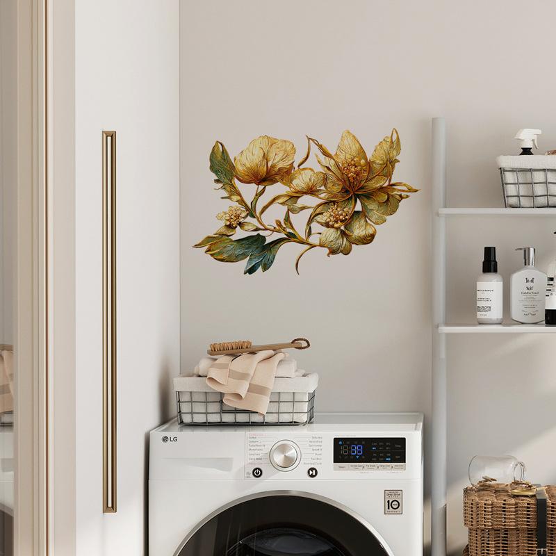 Golden Floral Wall Stickers Self-adhesive for Bedroom Bathroom Kitchen Door Decoration Removable Durable Home Decor