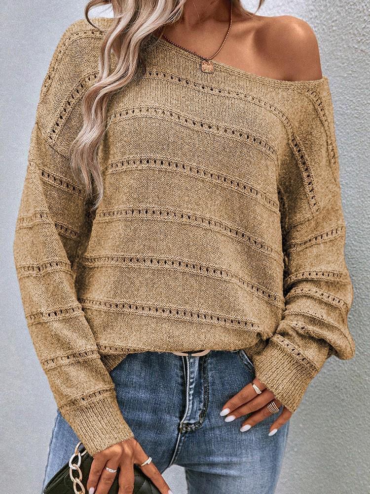 Autumn/Winter 2025 Women's Solid Color Hollow Out Drop Shoulder Sweater - Casual Loose Pullover Knitwear