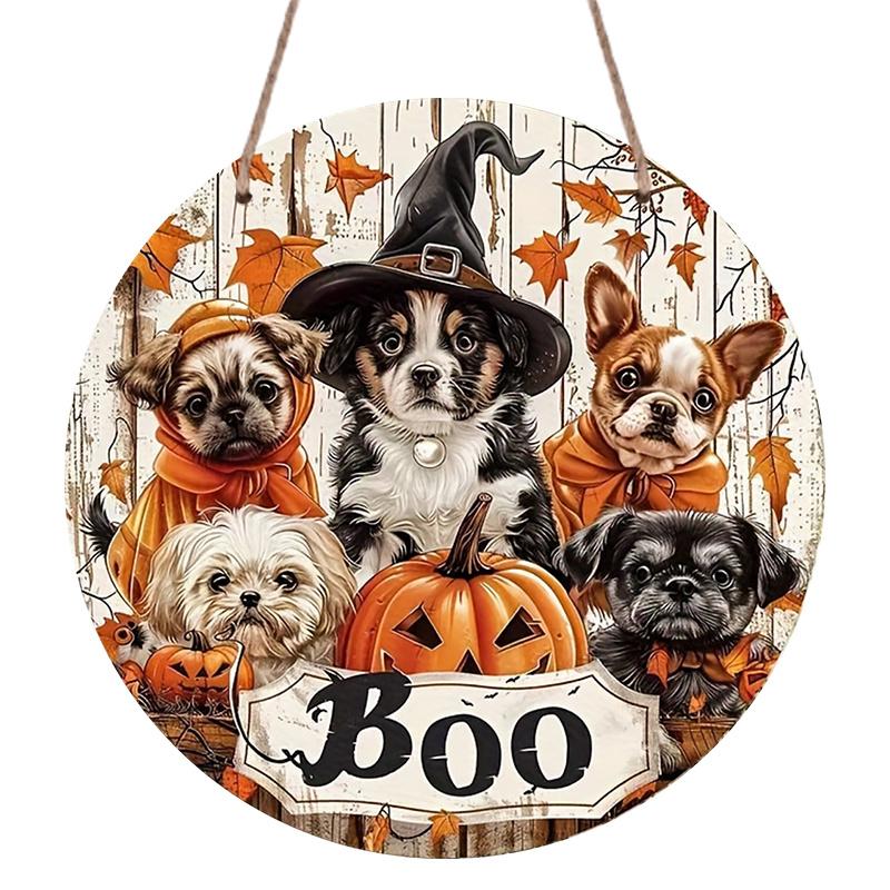 2D Flat, 1pc Boo Halloween Aluminum Ornaments Sign, Dog Maple Leaf Jack-o'-Lantern Boo Pattern Design, Round Hanging Plaque for Yard, Room, Home