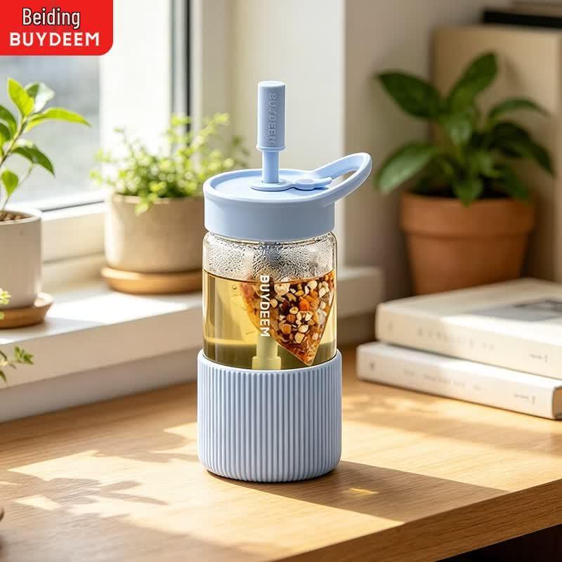 Buydeem 550ml Portable Glass Cup with Straw