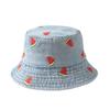 Watermelon Strawberry Embroidered Denim Bucket Hat Butterfly Pattern Wide Brim Beach Hat Denim Fisherman Hat Spring and Summer