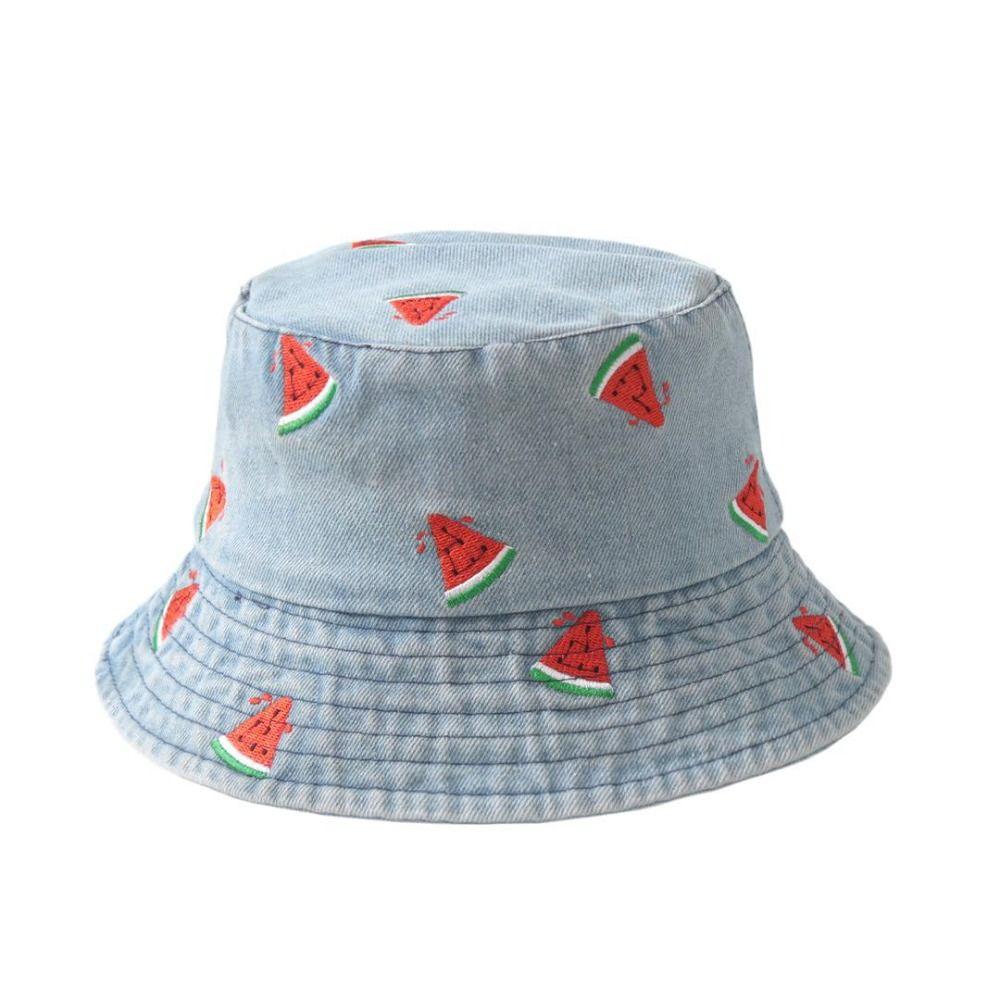 Watermelon Strawberry Embroidered Denim Bucket Hat Butterfly Pattern Wide Brim Beach Hat Denim Fisherman Hat Spring and Summer