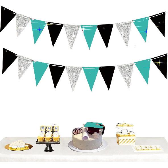 Graduation Decorations Teal Turquoise 2026/Turquoise Black Birthday Party Decorations/Turquoise Graduation Party/Teal Silver Triangle Banners 2pcs