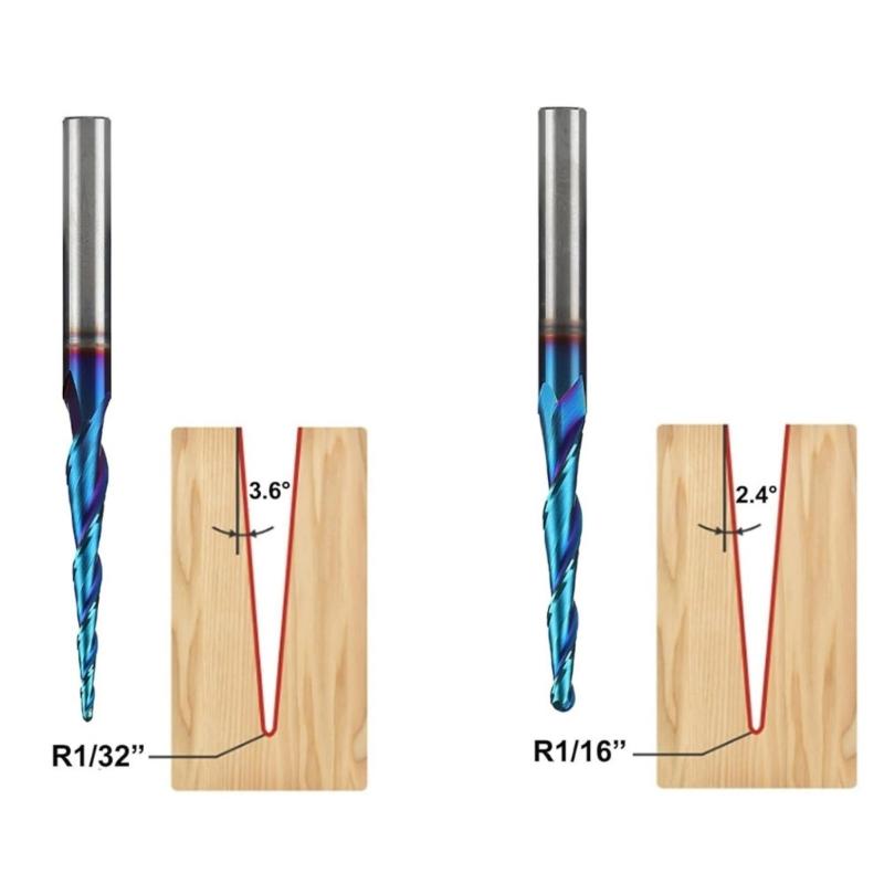 2 Flute Heat Treated Hardened Alloy Tapered Trimming Engraving Bit Suitable For Hardwood And 3D Model Precise Machining