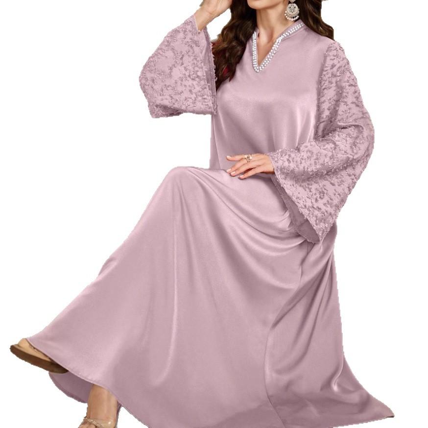 Lavender Pearl Decorated V-Neck Bell Sleeve Lace Detail Long Dress