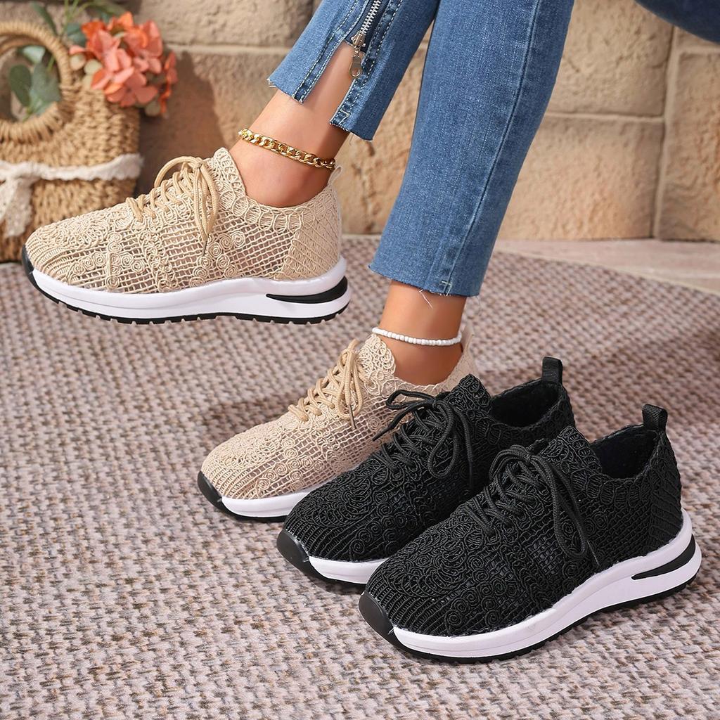 Mode Lässig Atmungsaktives Mesh Sportschuhe Damen Sommer Schnürschuhe Weiche Sohle Mittelhoher Absatz Sneaker Mode Spitze Aushöhlen Laufschuhe