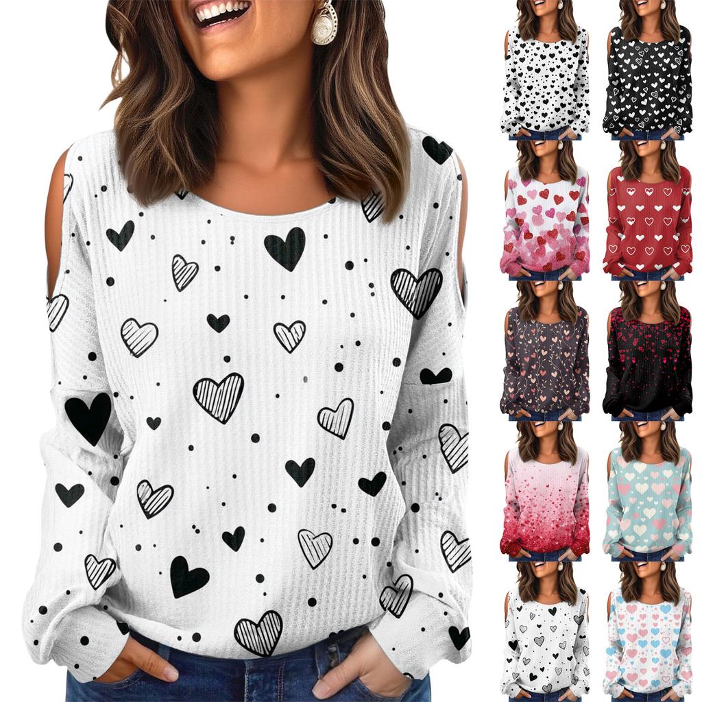 Women's Winter Oversized T-Shirt Fashionable Off-the-Shoulder Round Neck Vintage Floral Print Pullover Long-Sleeved Top