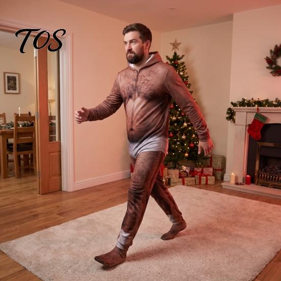 Creative Costumes for Drag Events Funny Dad Bod Jumpsuit, Ugly Christmas One-Piece 3D Printed Hoodie Comfortable Loungewear Parties Romper Men,