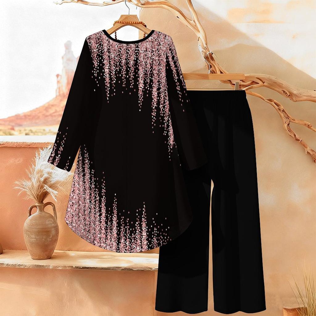 Floral Print Print Two Piece Outfit Women Long Sleeve Irregular Hem Tunic Top Wide Leg Pants Casual Matching Set