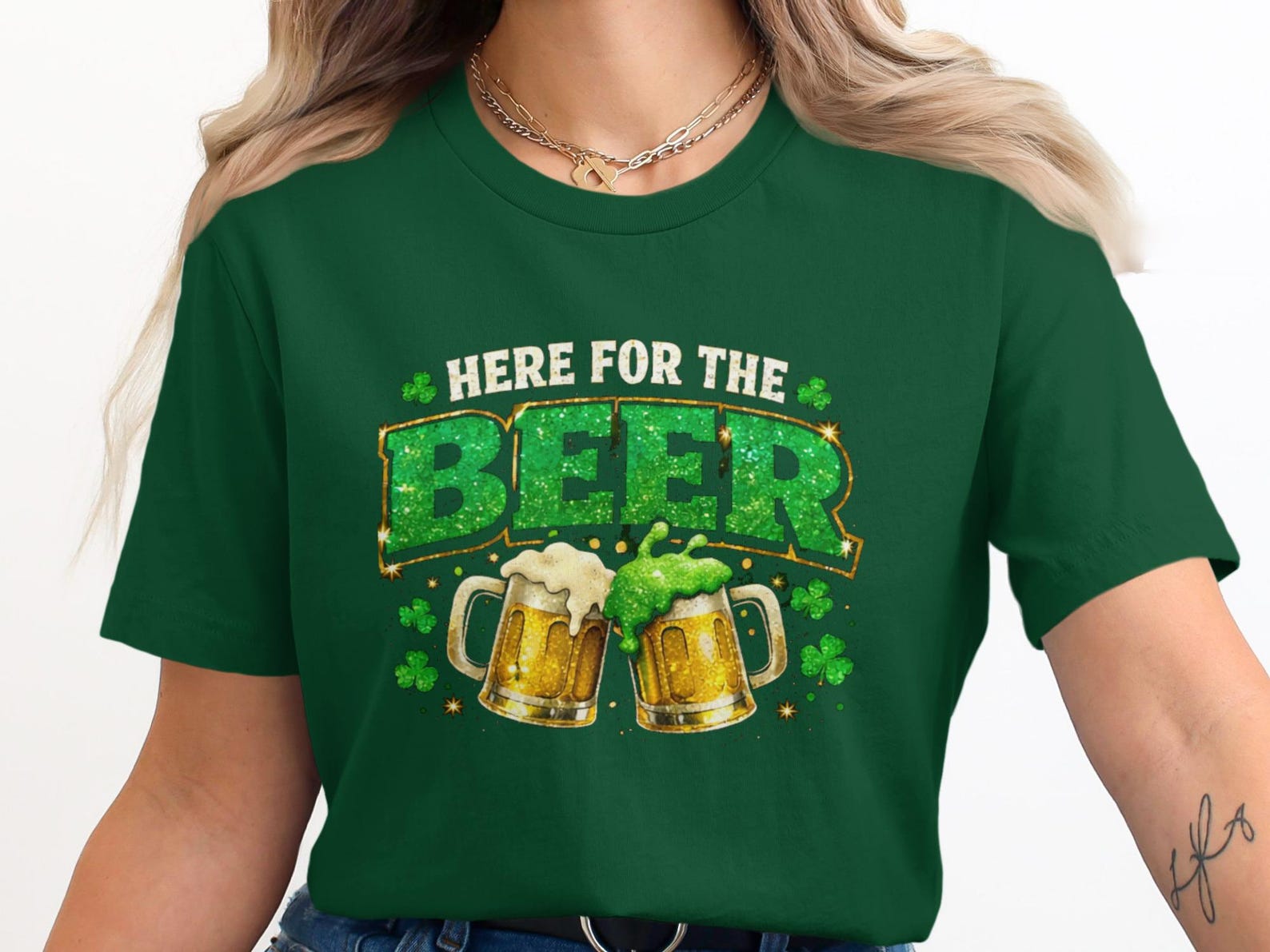 St Patricks Day Beer T-Shirt, Here For Beer, Shamrock Glitter Graphic Tee S