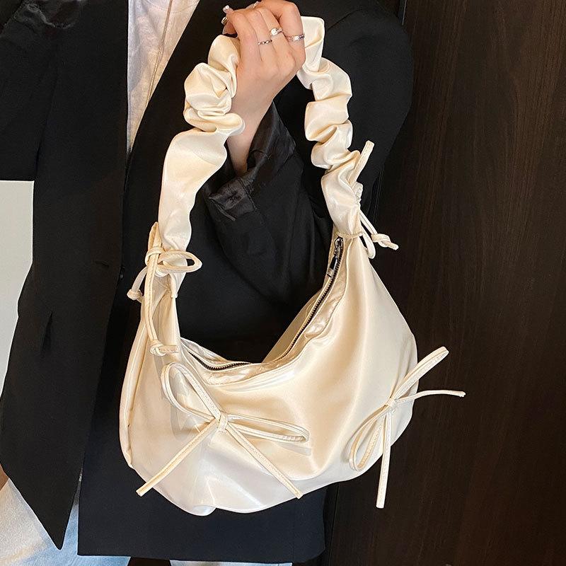 Spring and summer explosion ins French sweet ballet style bow tote women's bag casual versatile pleated feeling single shoulder oblique