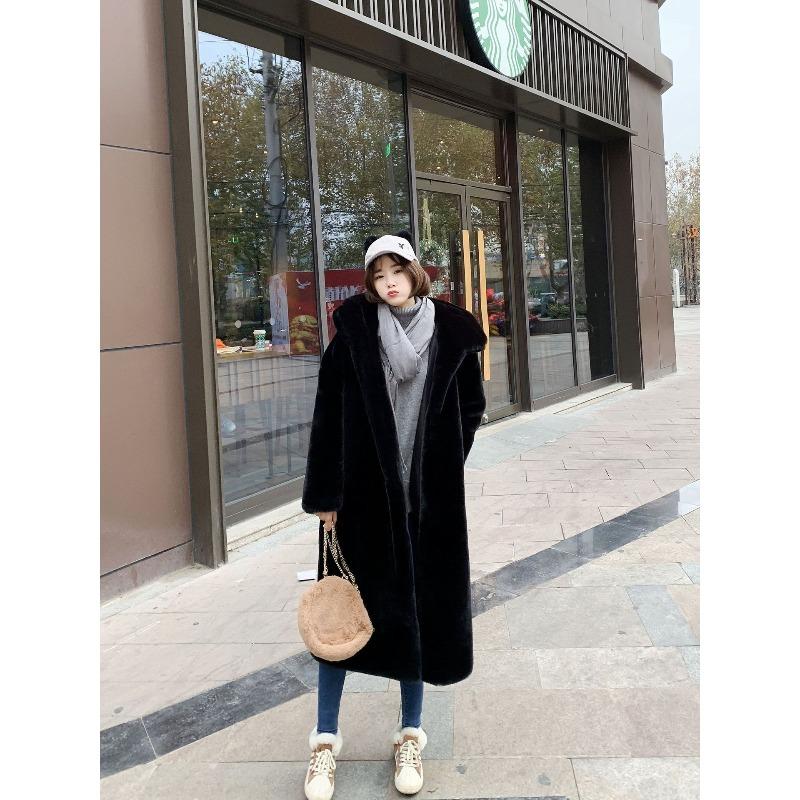 Furry jacket women's large size autumn and winter thickened imitation mink hair medium and long hooded loose plush imitation fur coat