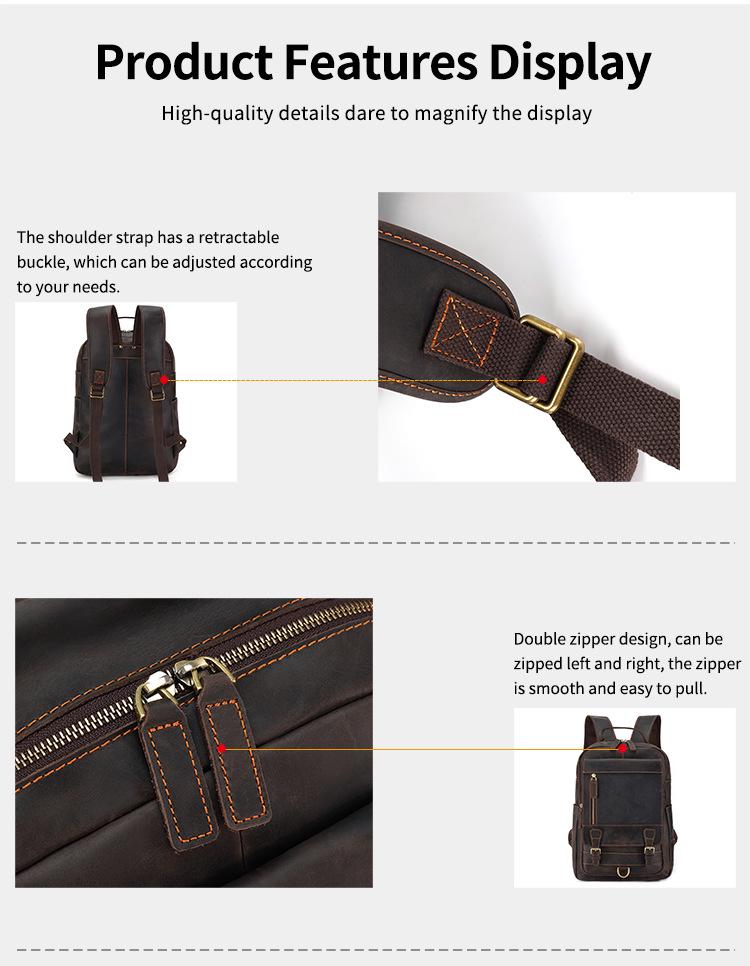 DUJIANG Men's Crazy Horse Leather High-Capacity Casual Backpack