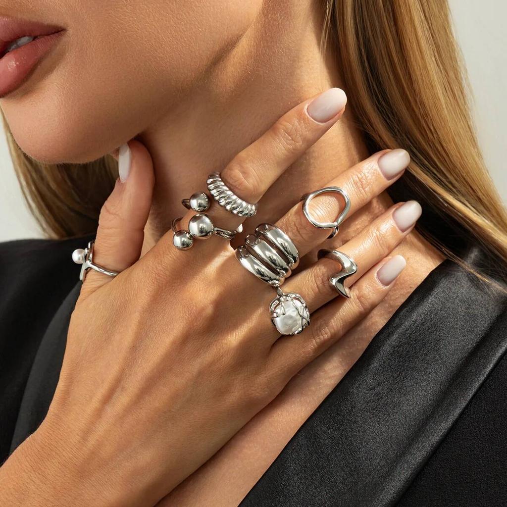 SHIXIN 7Pcs/Set Fashion Geometric Irregular Open Rings Women Simple Imitation Pearl Adjustable Knuckle Rings Set Party Jewelry