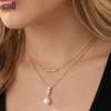 EFFIE QUEEN Genuine 925 Silver 14k Gold Round Pearl & Zirconia Pendant Necklace Banquet Jewelry for Women Wedding Party GPN98