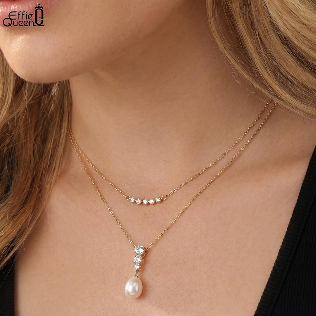 EFFIE QUEEN Genuine 925 Silver 14k Gold Round Pearl & Zirconia Pendant Necklace Banquet Jewelry for Women Wedding Party GPN98