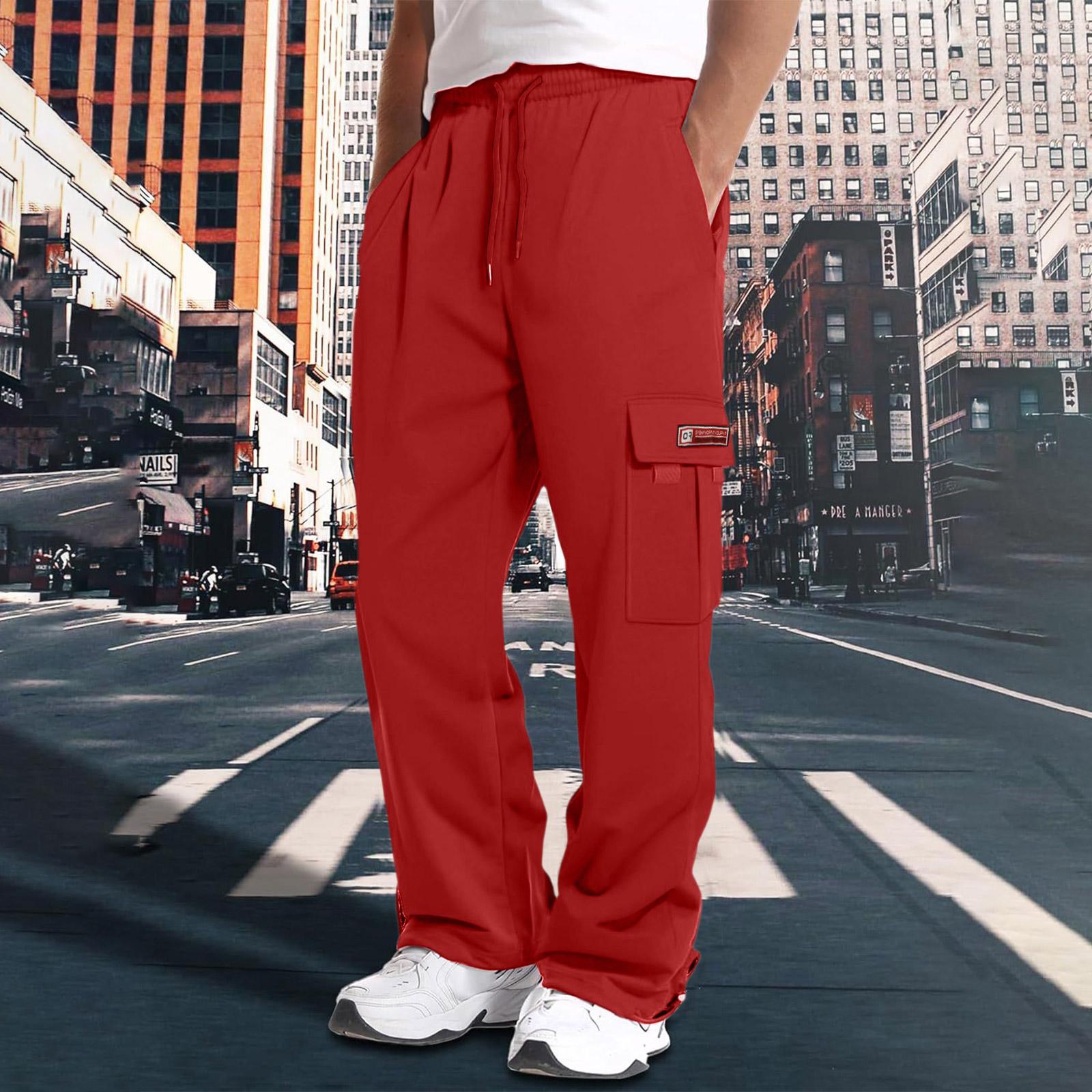 

Men s Solid Color Work Pants With Multiple Pockets And A Relaxed Straight Leg XL червоний