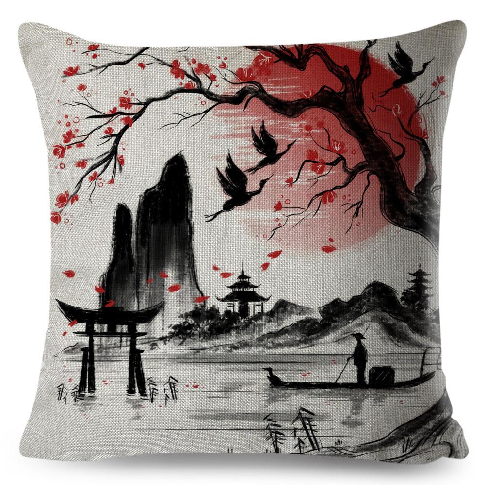 Japanese Style Ink Cushion Cover for Sofa Home Car Decor Beautiful Scenery Cat Girl Pillowcase Polyester Pillow Case 45x45cm