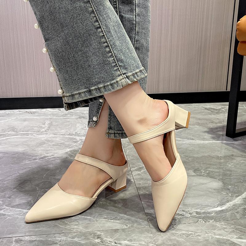 Fashion Block Heel One Strap Wrapped Slippers Women's Fashion Pointed Toe Shallow Mouth Cover Foot Non-Slip Kitten Heel Shoes