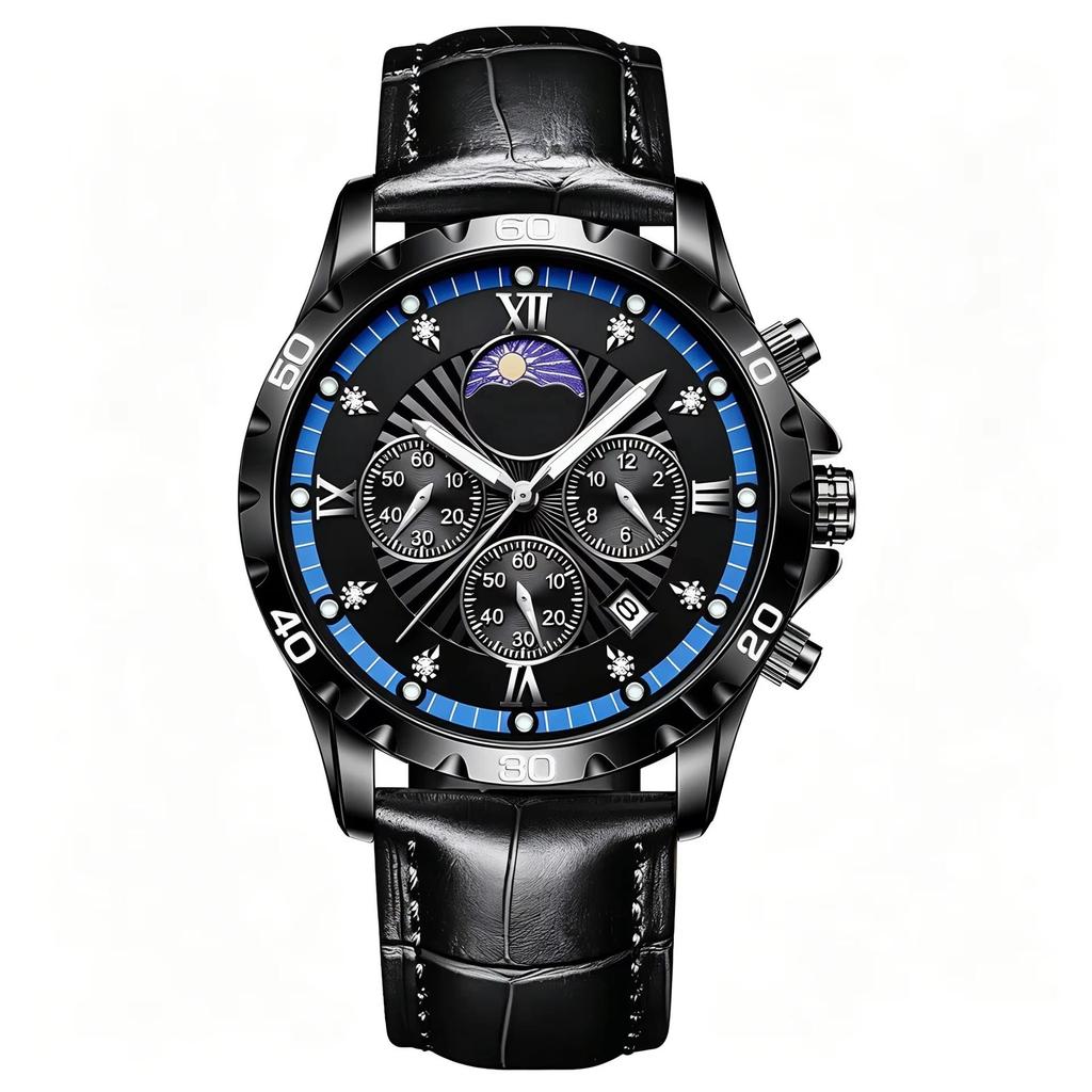 Men's Quartz Watch with Subdials Analog Wristwatch with Date-Display Waterproof Luminous Chronograph Dress Watches Stainless Steel Band
