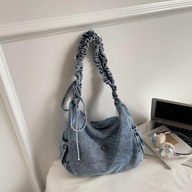 Dámská džínová ležérní taška s horní rukojetí v korejském stylu, módní crossbody taška, ležérní, volně složená, se stahovací šňůrkou, texturovaná a jednoduché úložné tašky