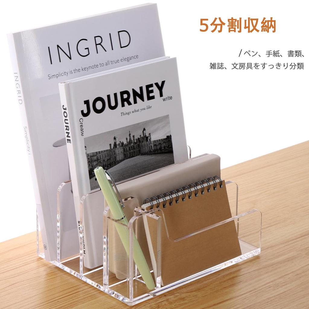SANRUI Clear Acrylic Multifunctional Desk Organizer with 5 Book Pen and Compartments, Holder, Holder, Non-Slip Design, Space-Saving (Approx.