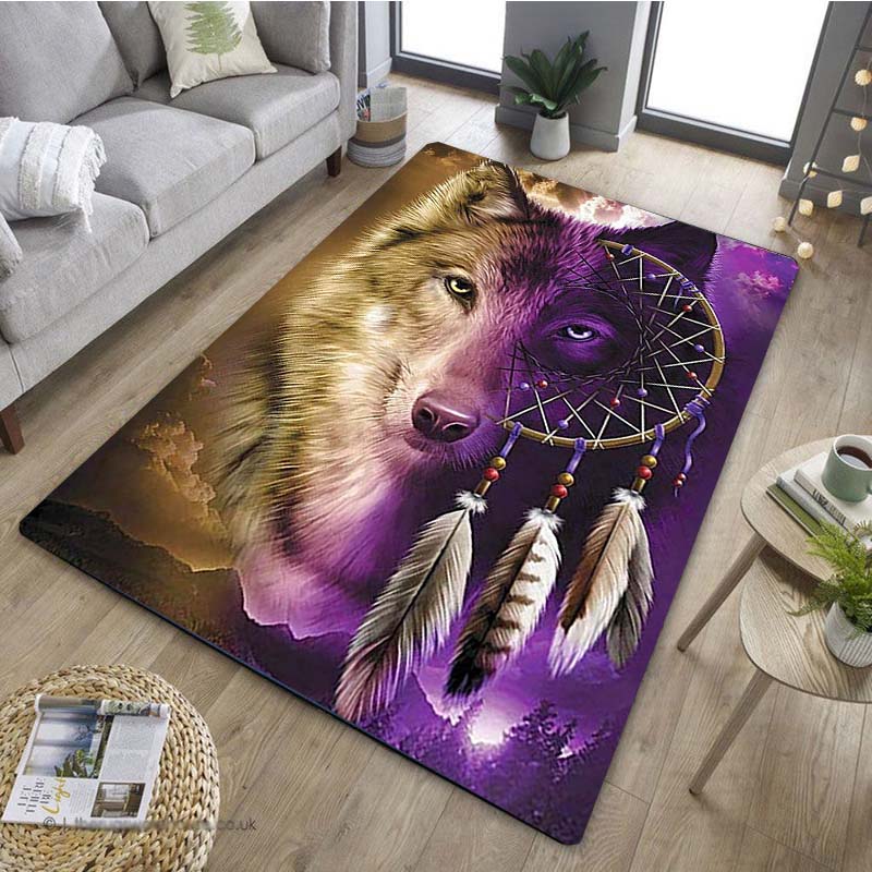 1 Stück Stilvoller Wolf Traumfänger Muster Anti-Rutsch Küchenteppich für Küche Wohnzimmer Schlafzimmer Waschbarer Flanell Teppich