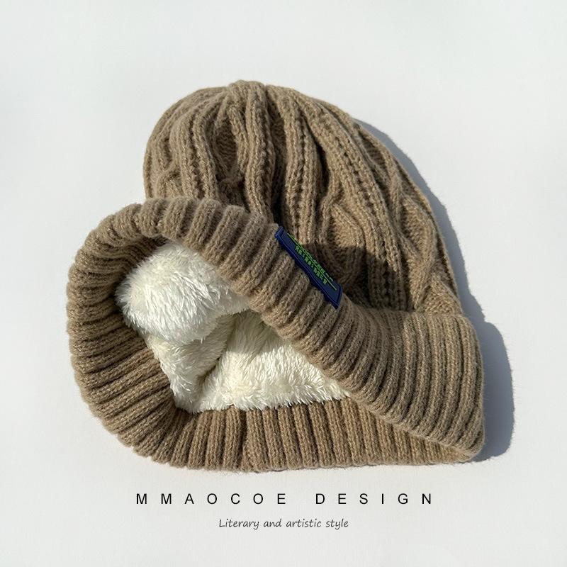 Autumn and winter warm plush thickened wool hat female Maillard Han Xian small face pullover curling student knitted hat