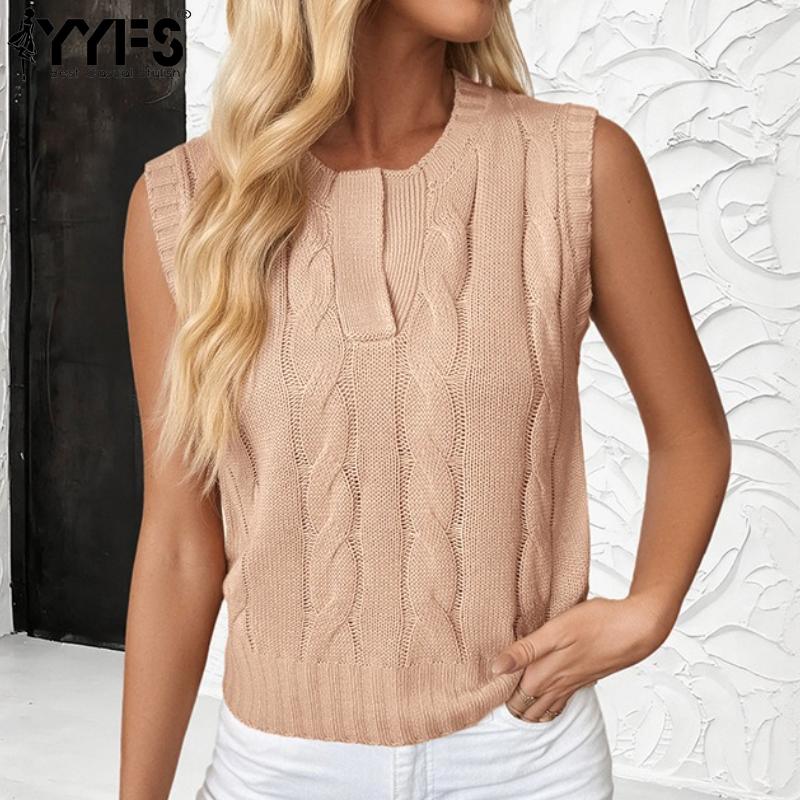 YYFS Damenmode Casual Herbst Winter Einfarbig Druck Ärmellose O-Ausschnitt Pullover