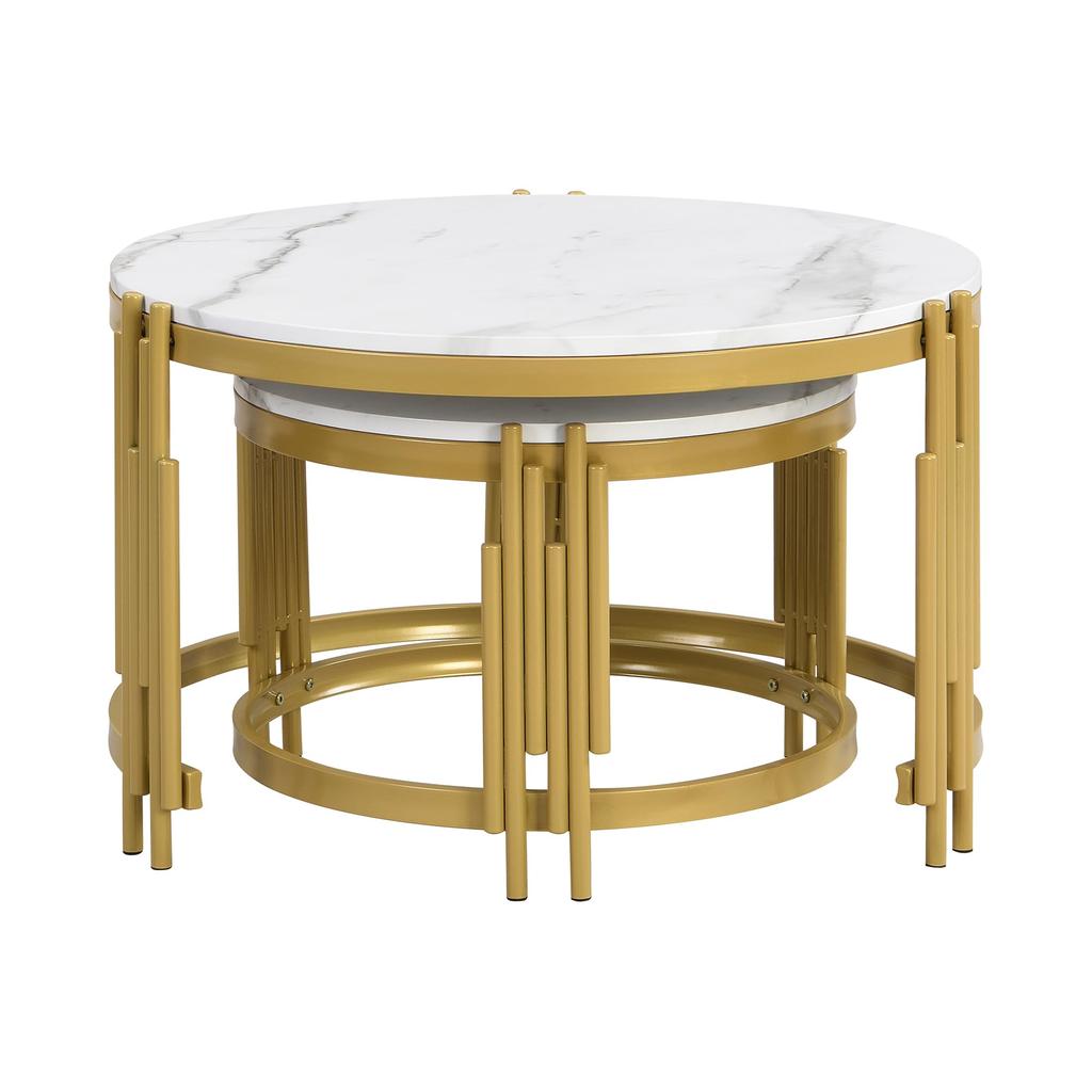 Modular Coffee Table Set, Marble Look, Golden Metal Frame, Round Tables In 2 Sizes, Nestable Design, Space-saving, Artistic Table Legs