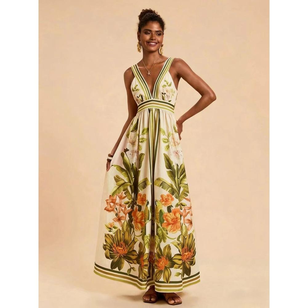 

European, American and American Summer V-neck Positioning Printing Back Winning Fashion Dress D05 XL абрикосовий