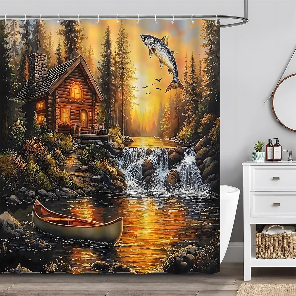 

Rustic Cabin Forest Lake Shower Curtain, Sunset Ship Stream Waterproof Fabric Curtain W60H190(CM)-1 Pcs