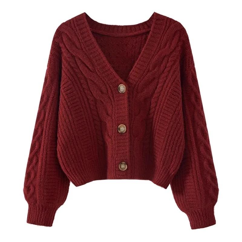 2025 Autumn/winter V-neck Loose Women Cardigan Sweater Korean Office Short Jacket New Single Breasted Knitted Casual Solid Color Top Simple Clothing