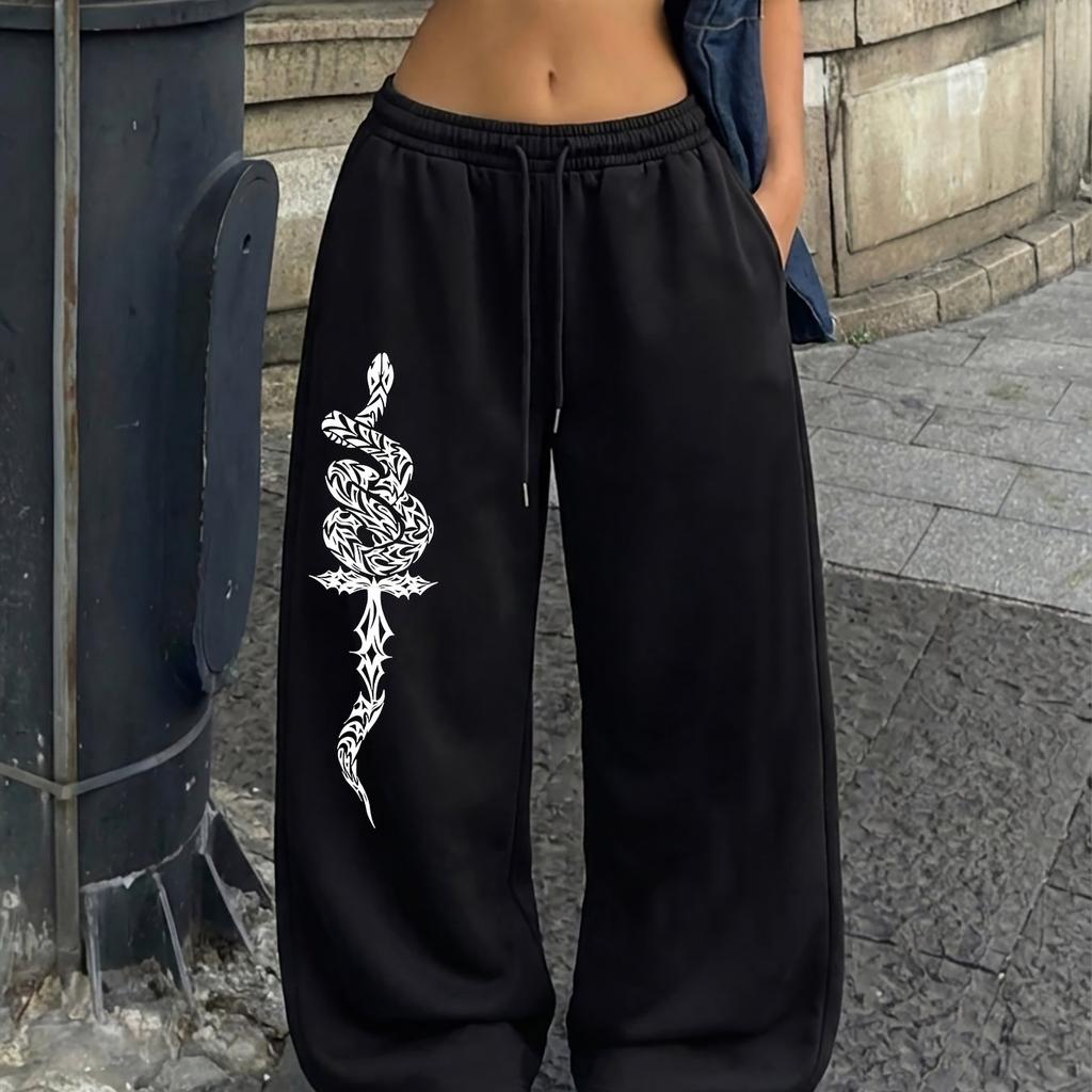 Pantaloni Sportivi Casual Stampati con Motivo Serpente, Coulisse e Vita Elastica, Pantaloni Dritti alla Moda da Donna