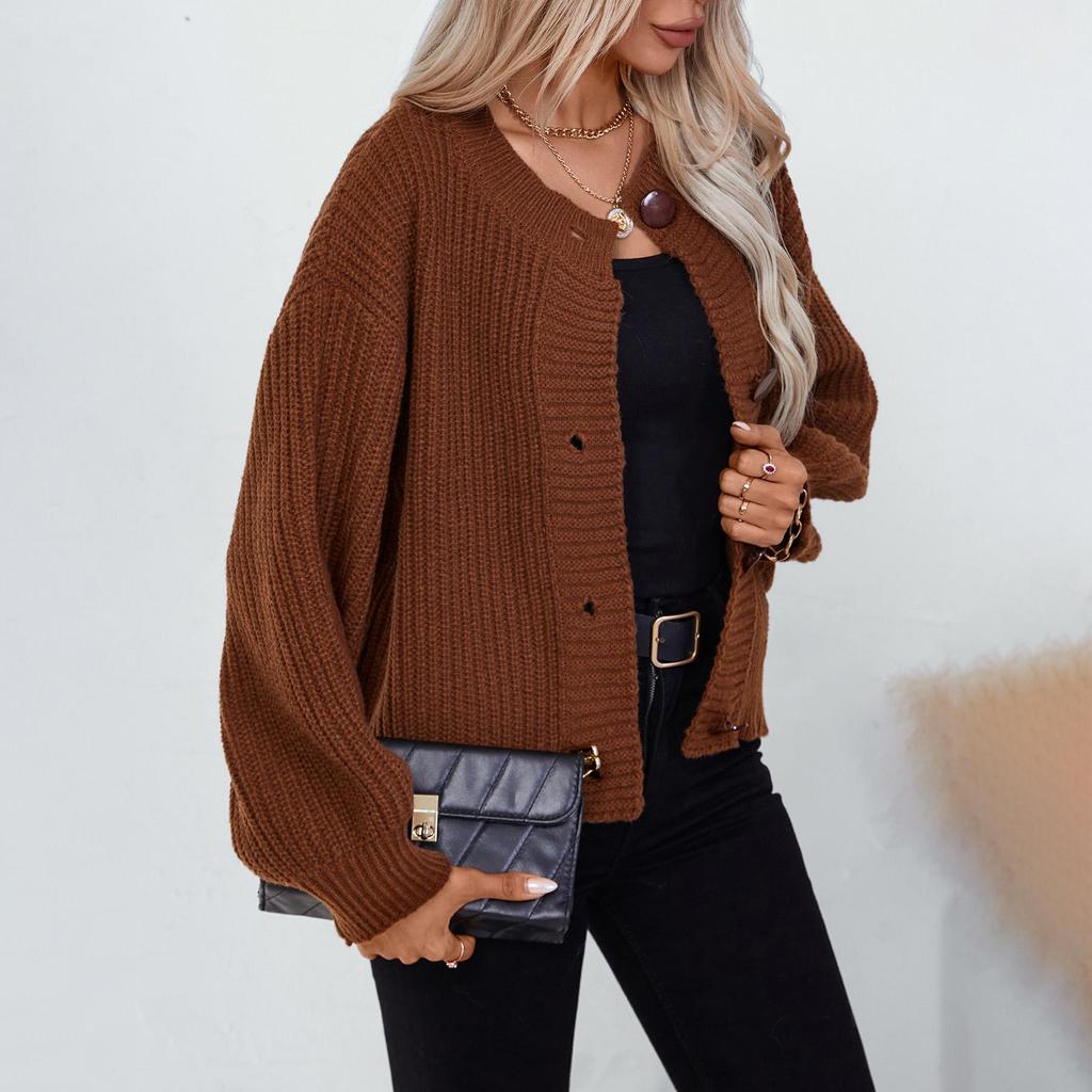 Autumn Winter Vintage Loose Long Sleeve Top Solid Color Cardigan Knitwear V-Neck Sweater