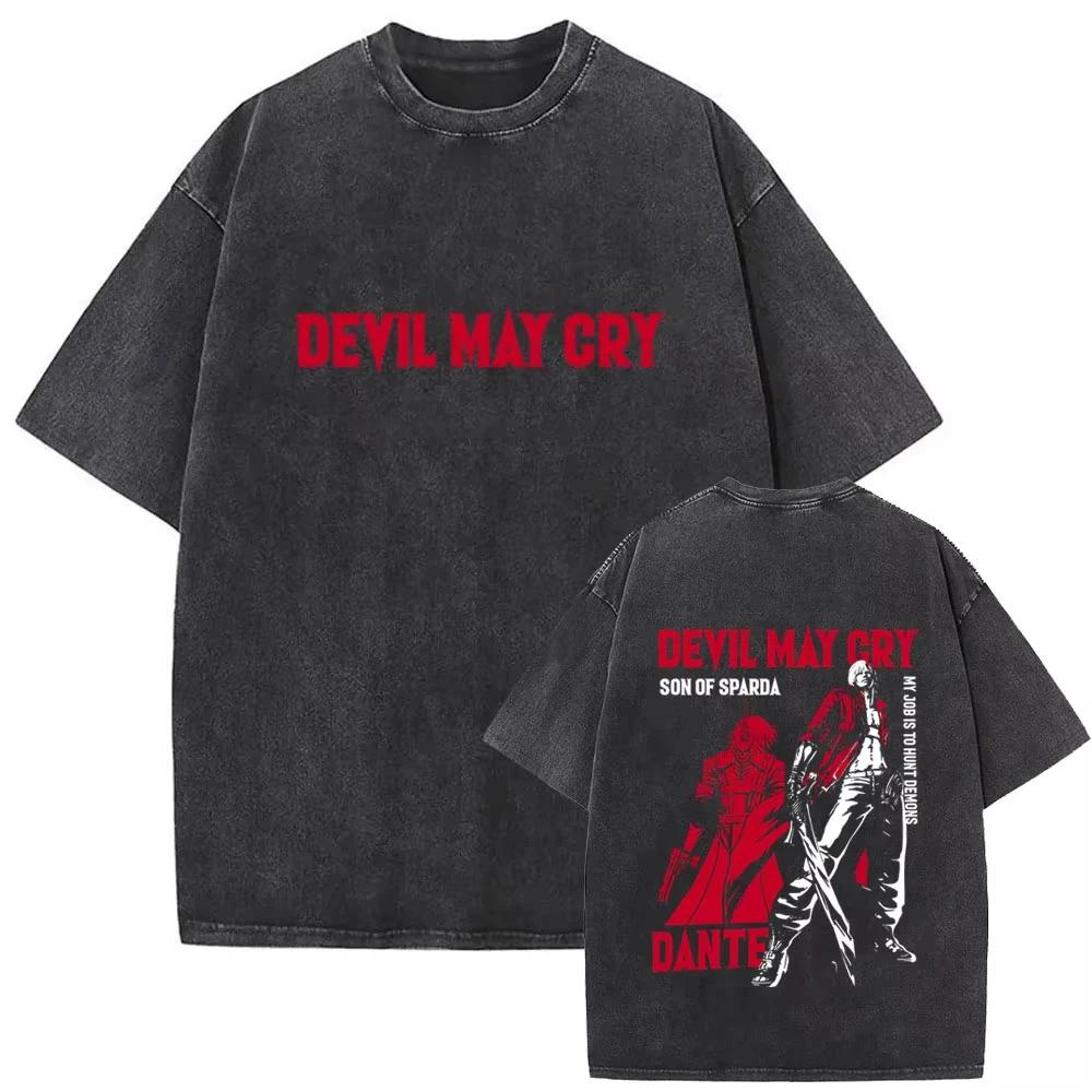 Game Devil May Cry Dante Vintage Acid Washed T-shirt Men Gothic Retro Fashion Short Sleeve T Shirts Male Hip Hop Streetwear