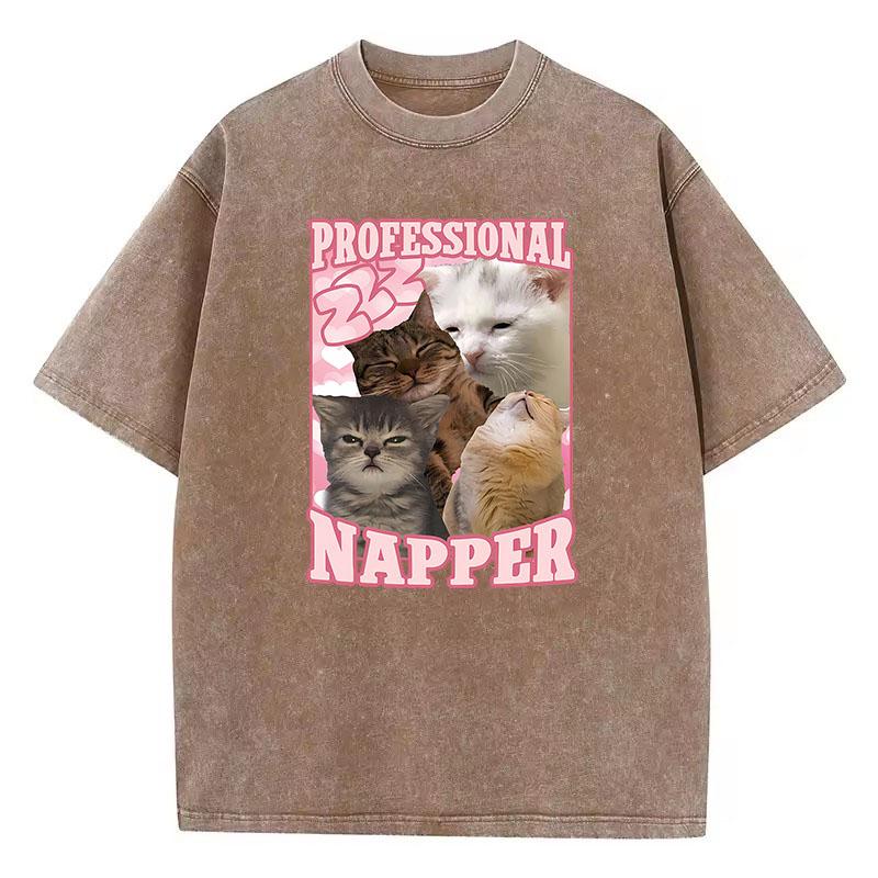 Aesthetics Kawaii Cat T Shirt Vintage Washed Cotton T-Shirt Graphic Tee Casual Streetwear Spring Summer Clothes