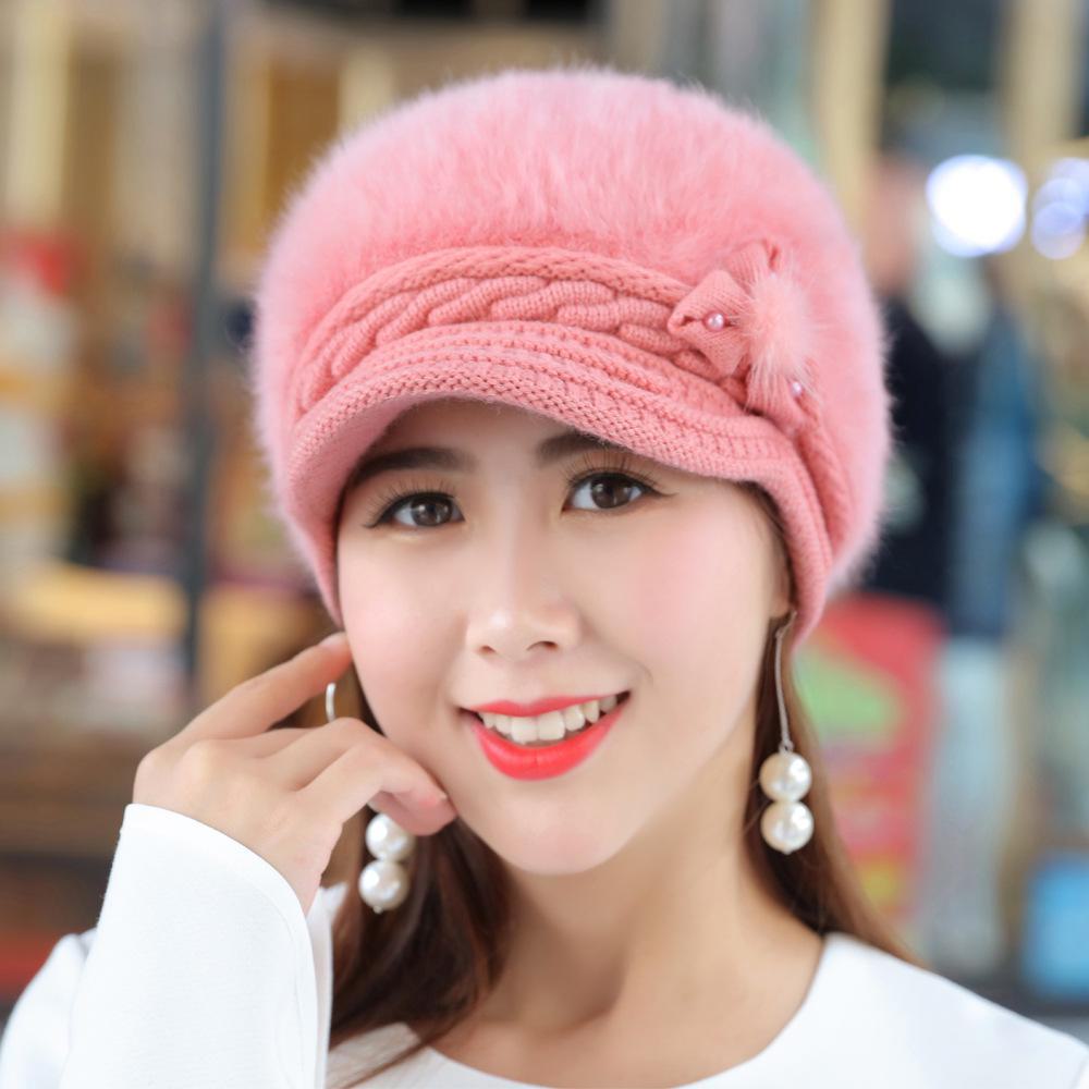 Women's Thickened Rabbit Fur Duckbill Cap with Ear Protection, Korean Style Knitted Beret.