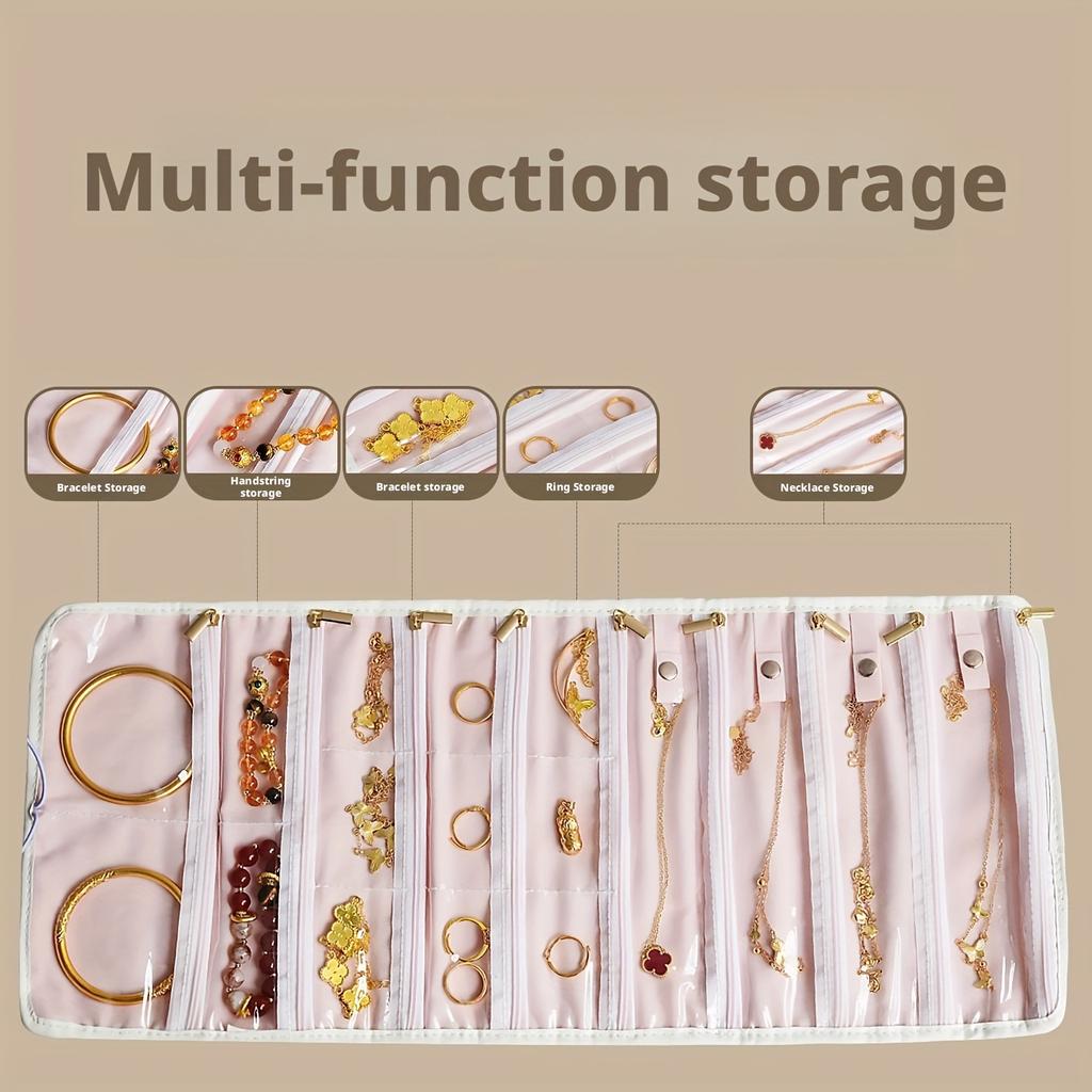 Faltbare Reise-Schmuckaufbewahrungsbox Mehrschichtig Reißverschluss Schmucketui Organizer Roll-Stil Faltbare Schmucktasche