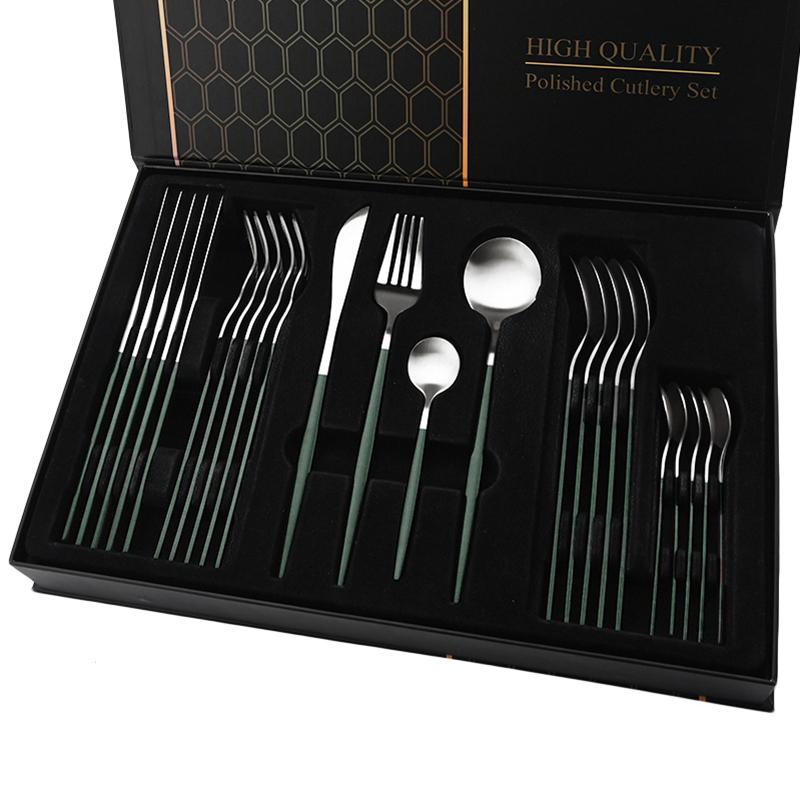 

Матовый набор столовых приборов, 24 шт., набор столовых приборов из нержавеющей стали, обеденный нож, вилка, ложка, набор столовых приборов, набор кухонной посуды в западном стиле серебряный/зелёный