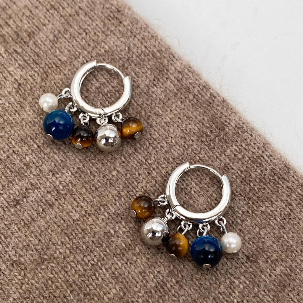 New Chinese-style blue-brown contrasting natural stone earrings, simple stud earrings, autumn and winter fringed earrings.