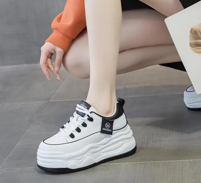 Fashion High quality 7CM Cow Genuine Leather Chunky Sneakers Loafer NewSpring Women Casual Platform Wedge Flats Autumn Vulcanize Shoes