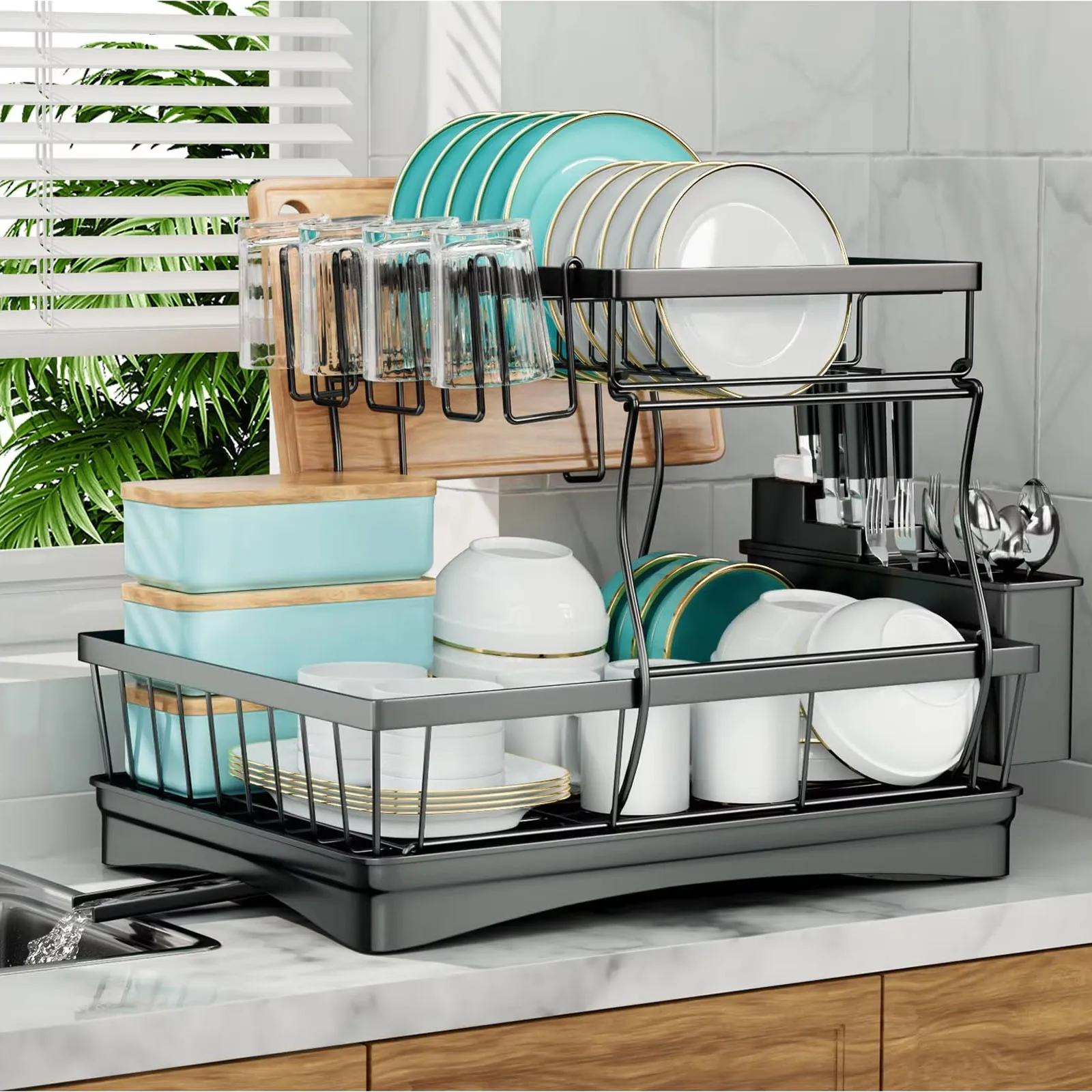 

Large 2-Tier Dish Drying Rack for Kitchen Countertops Removable High-Capacity Drainer Shelf for Plates Bowls Cups Utensils 2-tier