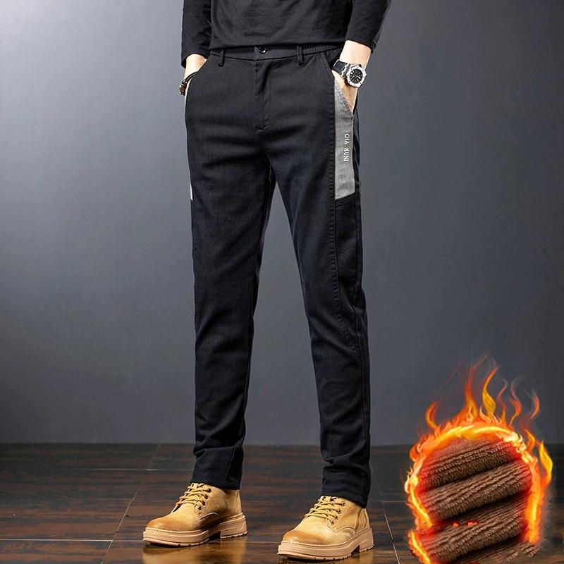 Winter Mens Fashion Fleece Warm Casual Pants Slim Straight Leg Korean Thermal Trousers Business Thicken Velvet Brand Streetpants