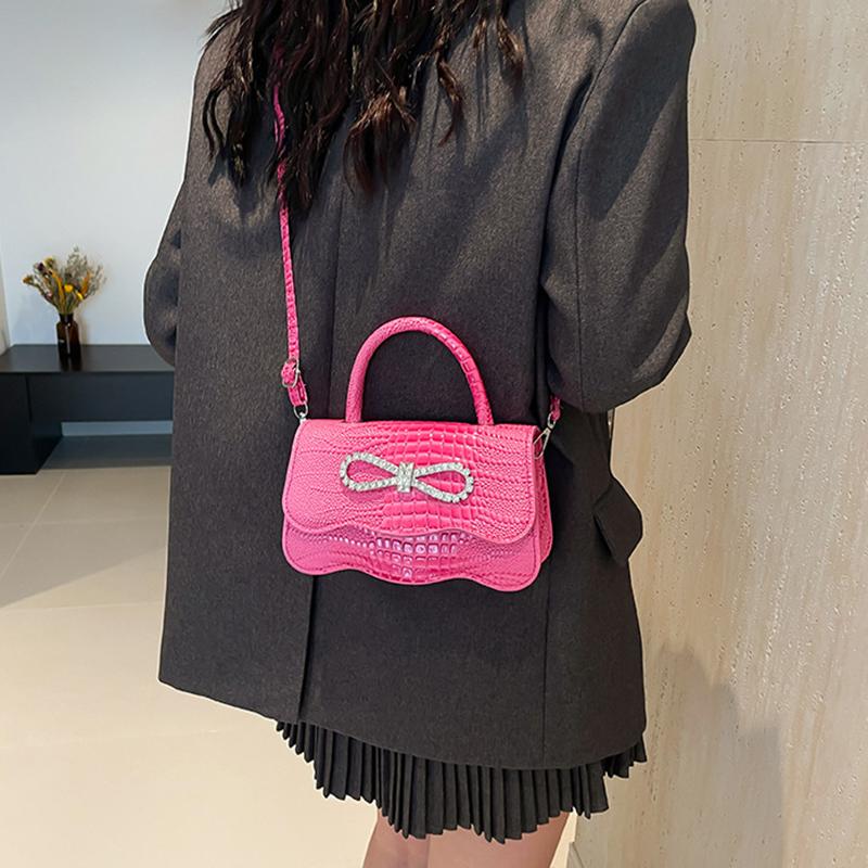 PU Leather Alligator Pattern Small Square Handbag Bow Design Women's Solid Color Fashion Shoulder Crossbody Bag AVE