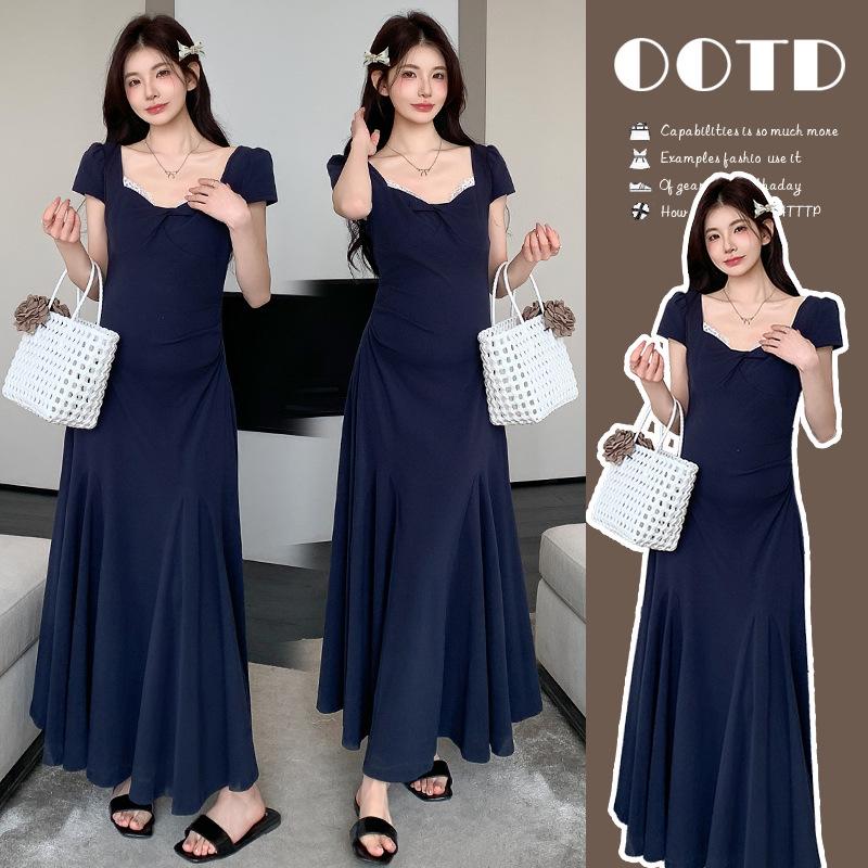2026 Summer Maternity Elegant French-Style Square Neck Lace-Trim Dress 2XL