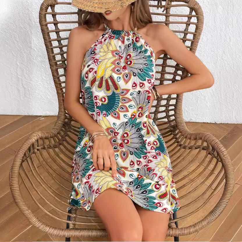 YYFS Moda Donna Estate Primavera Stampa Pavone Senza Maniche Scollo all'Americana Linea Vita Lassa Abiti Casual