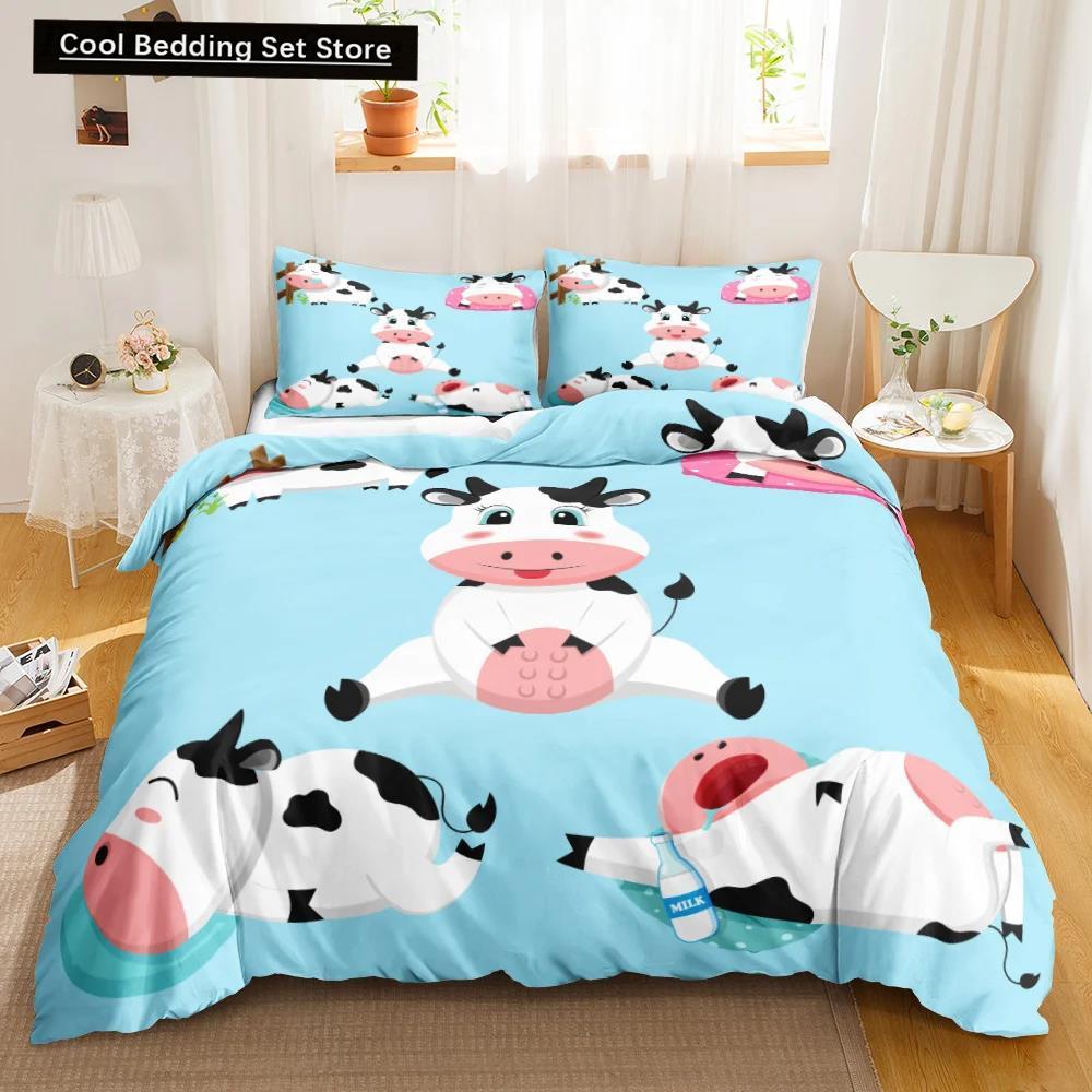 Cow Print Duvet Cover Animal Cow Doodle Cartoon Drawing Farming Husbandry Sunflower Polyester Bedding Set Twin Queen King Size