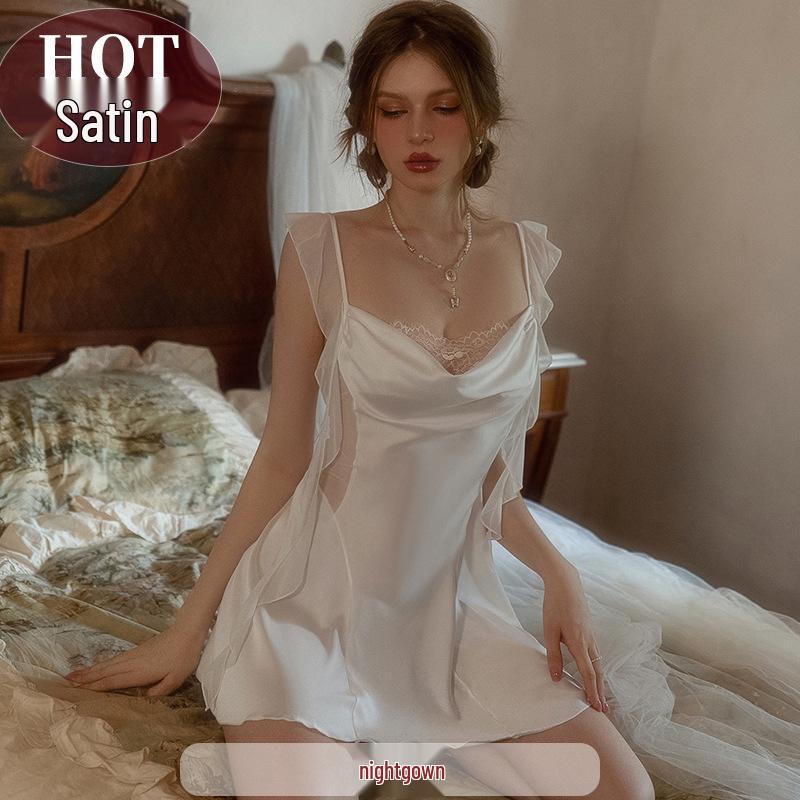 Women's Sexy Pajamas: Ice Silk Swaying Collar, Luxurious Mesh Suspender Nightgown with Outer Robe