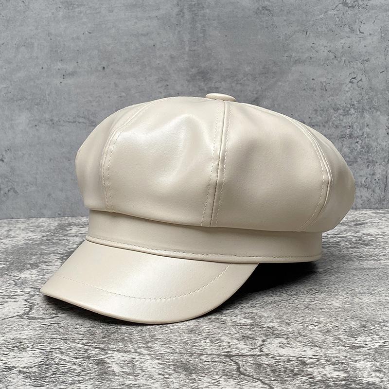 Big Head Circumference Beige Leather Octagonal Hat Women'S Season Trendy British Retro Painter Hat Japanese Beret
